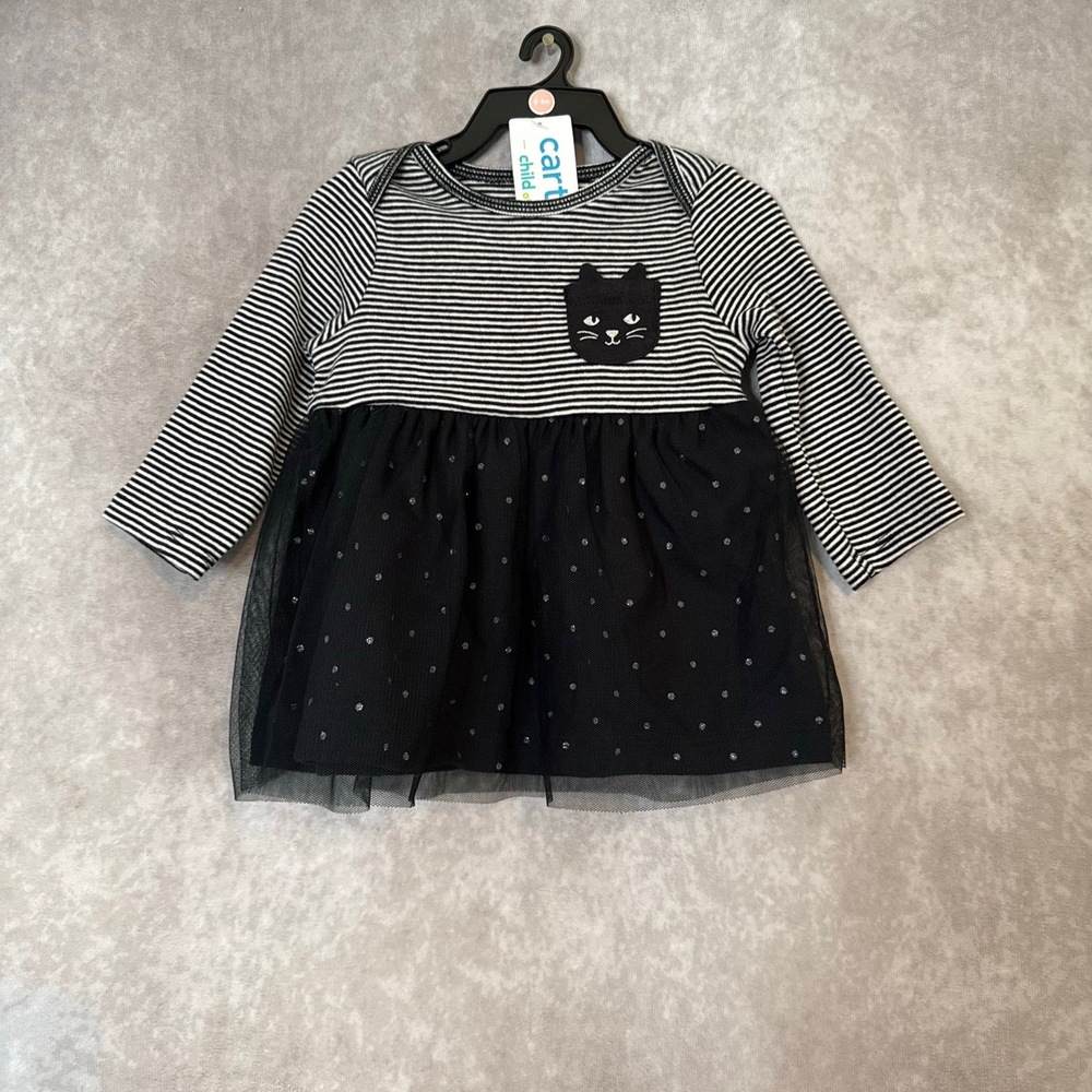 NWT‎ Carters Black Cat Halloween Tulle Dress Size 0-3 Months Stripes Polka Dot